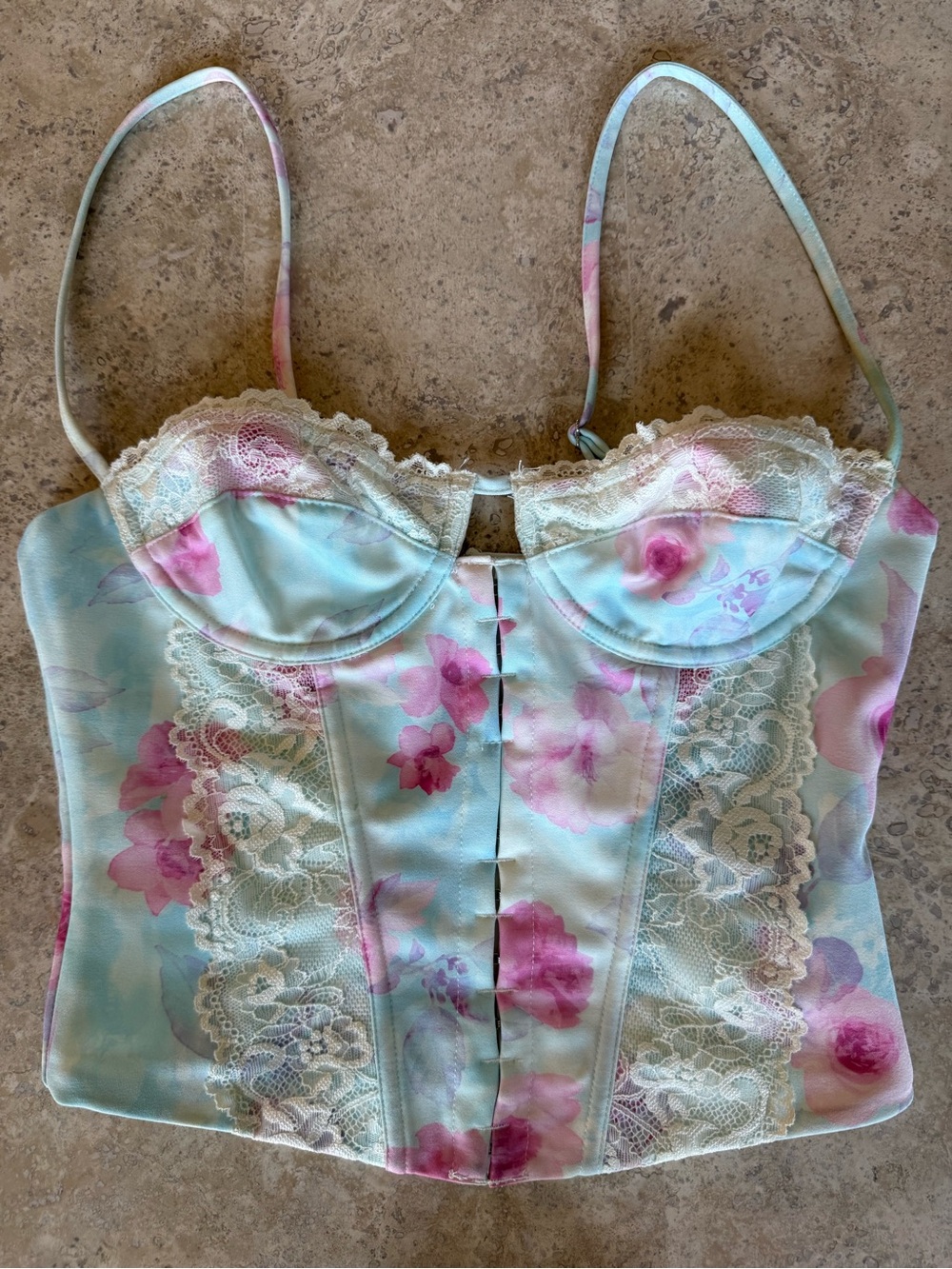 White Fox Boutique Pastel Blue and Pink Floral Lace Bustier Top